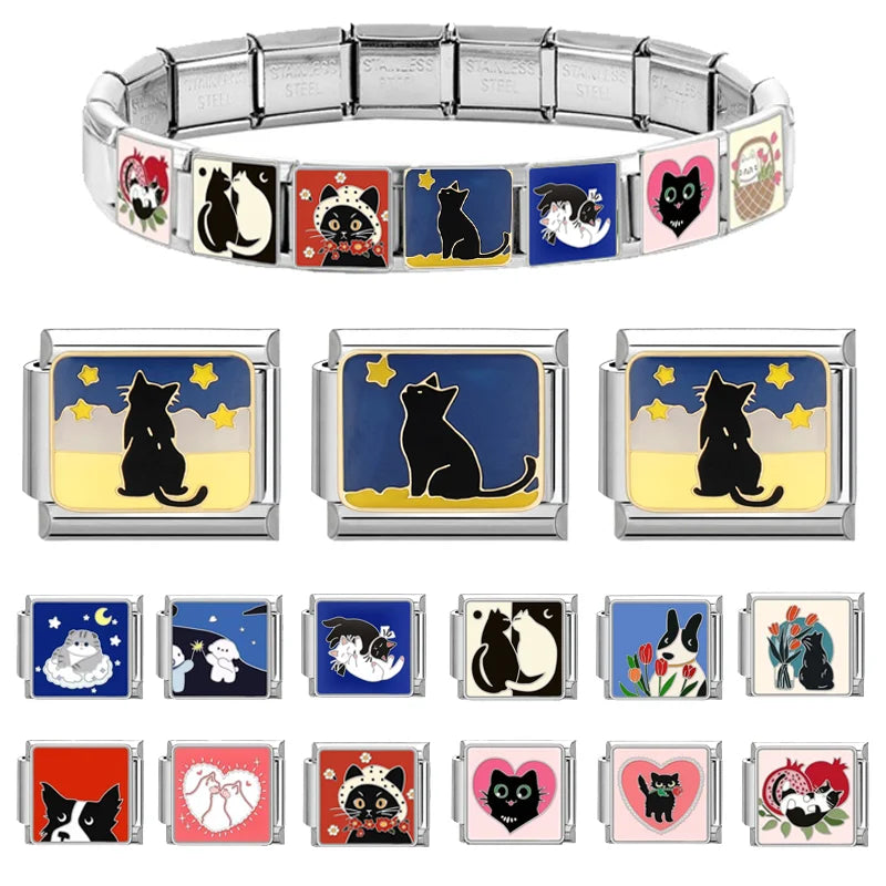 Fashion Colorful Cat Tulip Daisy Flowers Heart Charm Italian Links 9mm Bracelets Bangle Stainless Steel DIY Making Jewelry Gifts Qme