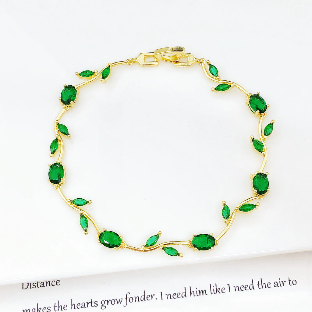 Colorful Trendy Charm Crystal Leaf Vine Flower Rhinestone Bracelet Luxury for Women Girl Party Wedding Gold-Plated Jewelry Gift Qme 1 21cm