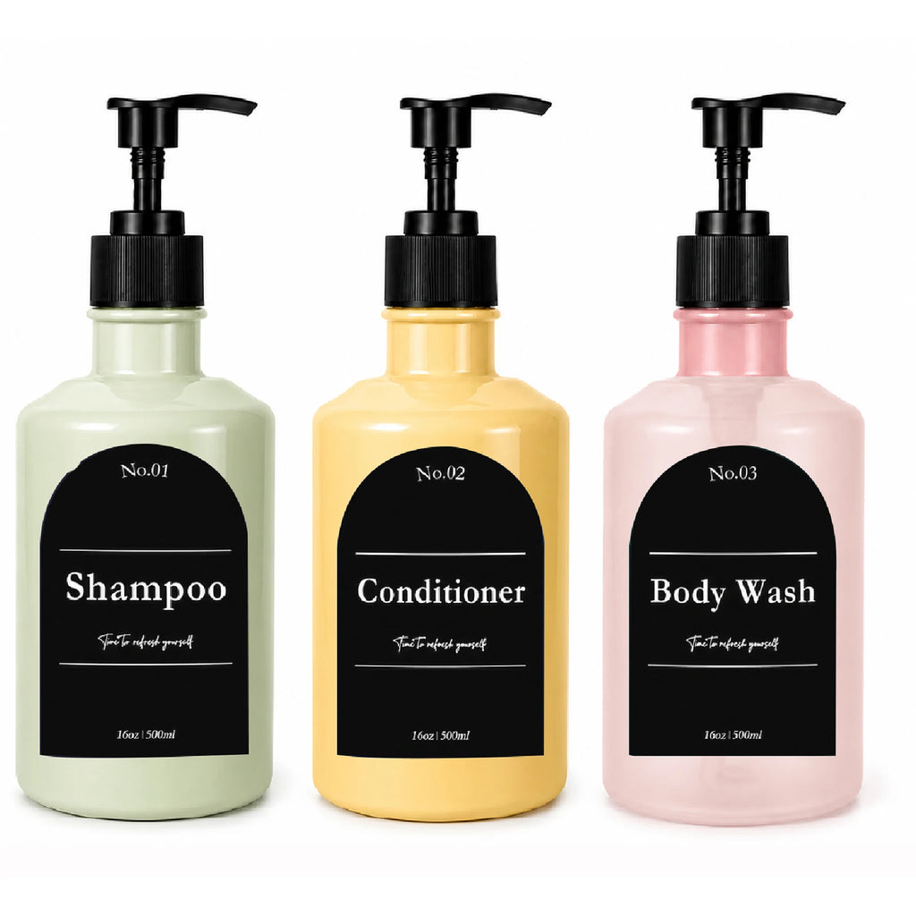Refillable Shampoo Dispenser Bottle, 16oz 500ml Plastic Pump Bottle with Label for Conditioner, Body Wash, Liquid Soap, Bathroom Qme B