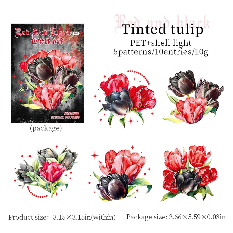 10 Pcs PET Red black flowers Sticker Decoration Natural plants Stickers DIY Diary Album Scrapbook material junk journal supplies Qme D