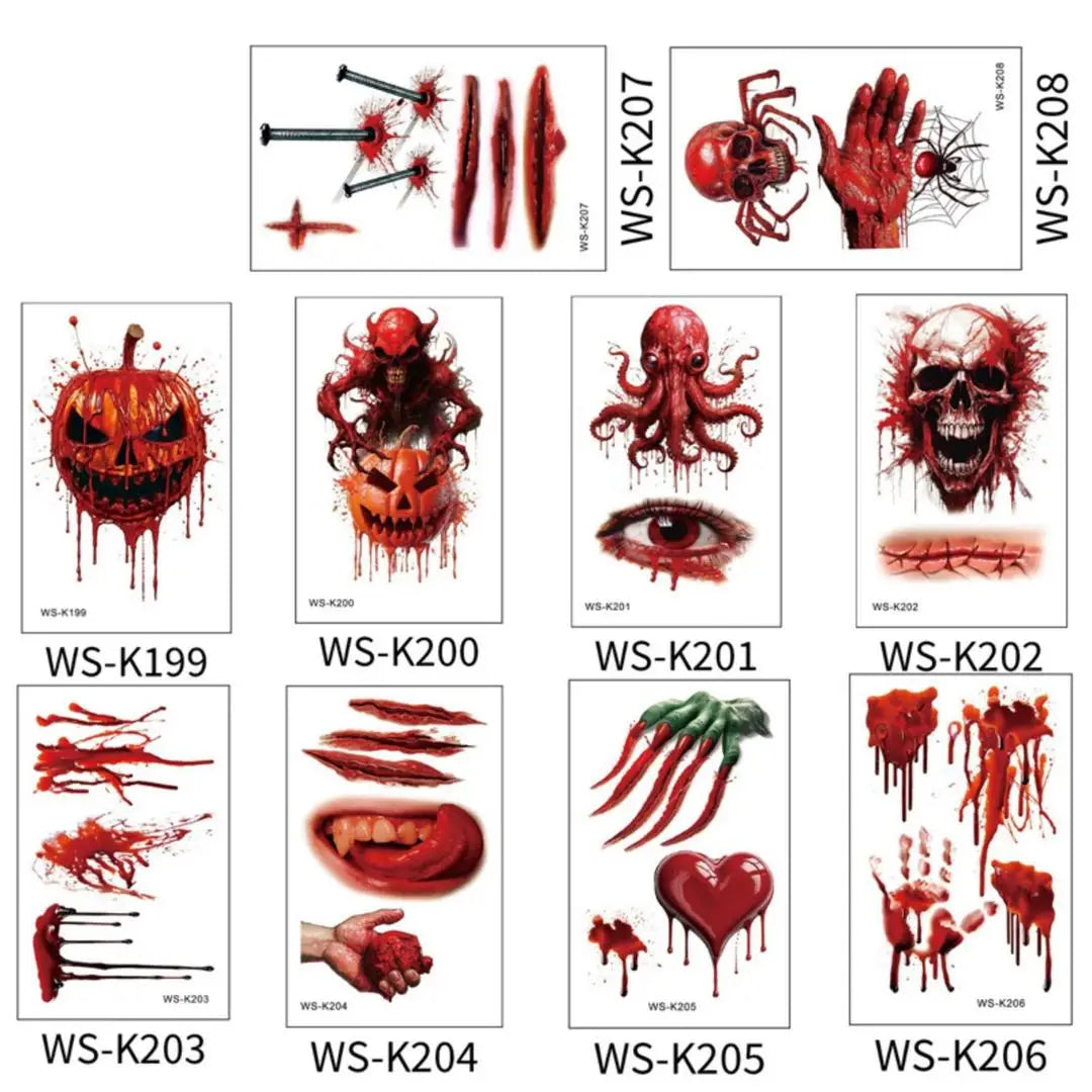 A 10pcs Waterproof Halloween Tattoo Stickers Bleeding Wound Scar Temporary Tattoos for Women Men Fake Tattoo For Halloween Party Qme 10pcs WS-K199K208
