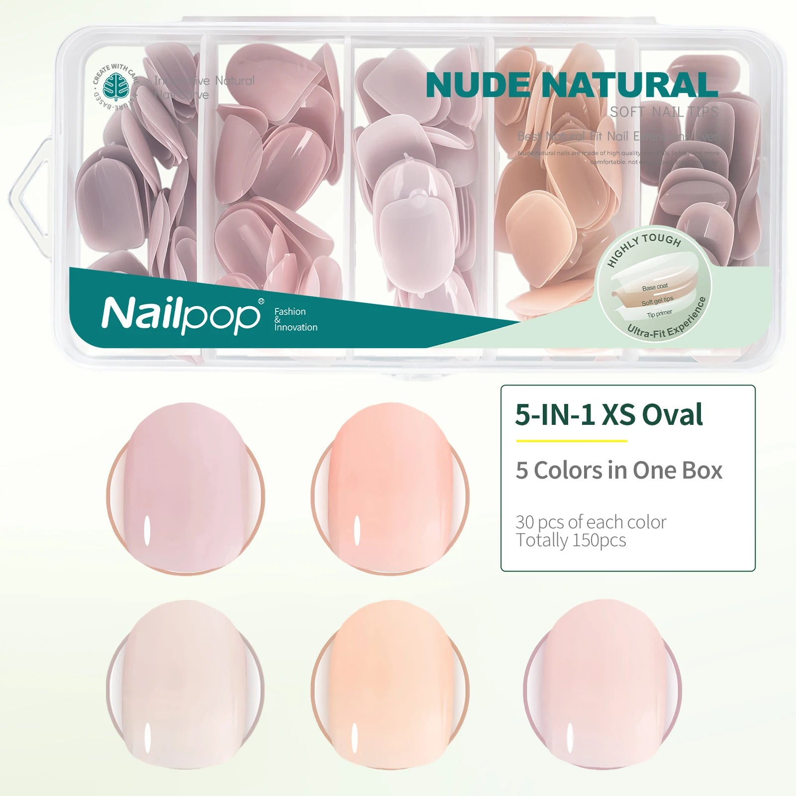 Nailpop 140 1 Nude Pink Nail Tips Per Square Almond Coffin Oval Soft Qme XS Oval 5 Color