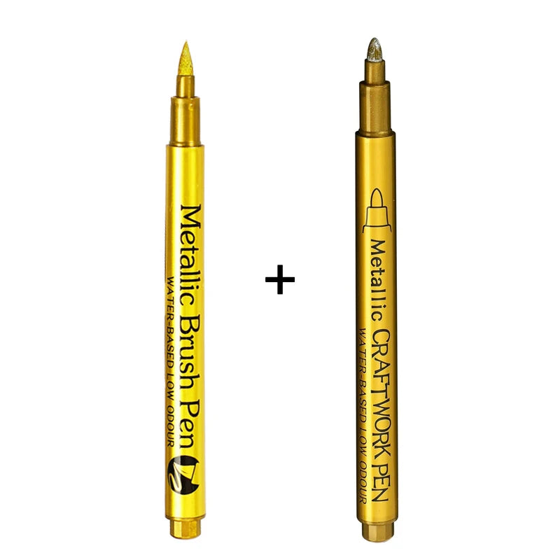 Gold Silver Metallic Marker Pen Waterproof Permanent Paint Marker Pen for Rock, Mug, Ceramic, Glass DIY Painting Supplies Qme Mix-Gold (2pcs)