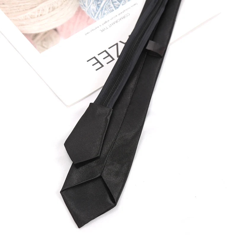 Unisex Black Simple Clip Tie Women Zipper Ties Retro Silky Narrow Men Qme