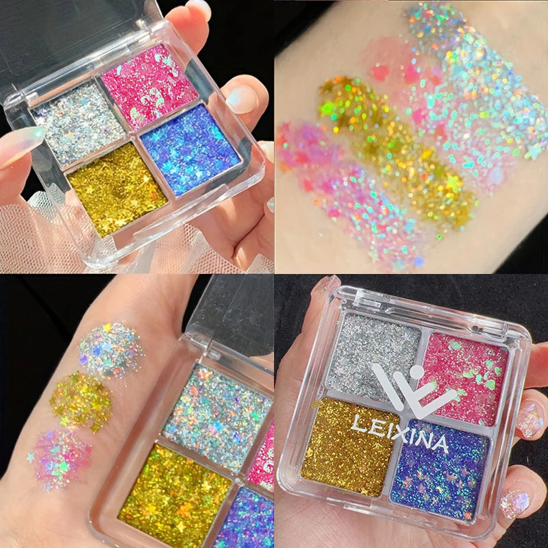 Sparkling Diamond 4 color eyeshadow tray - Halloween pumpkin and cherry tones, blue/gold/yellow, cosplay and stage makeup Qme 02 Starry sky