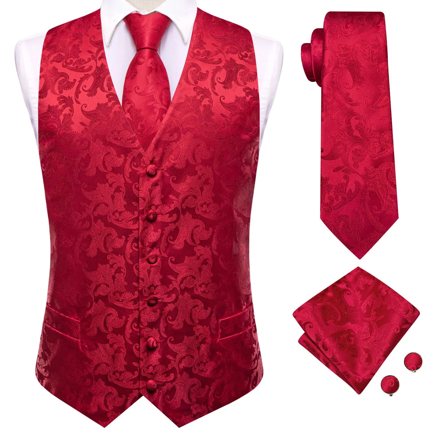 Hi-Tie Sage Mens Suit Red Paisley Vests 4PC Woven Waistcoat Tie Pocket Square Cufflinks Business Wedding Dress Waist Jacket Qme HT-MJ-0118 S
