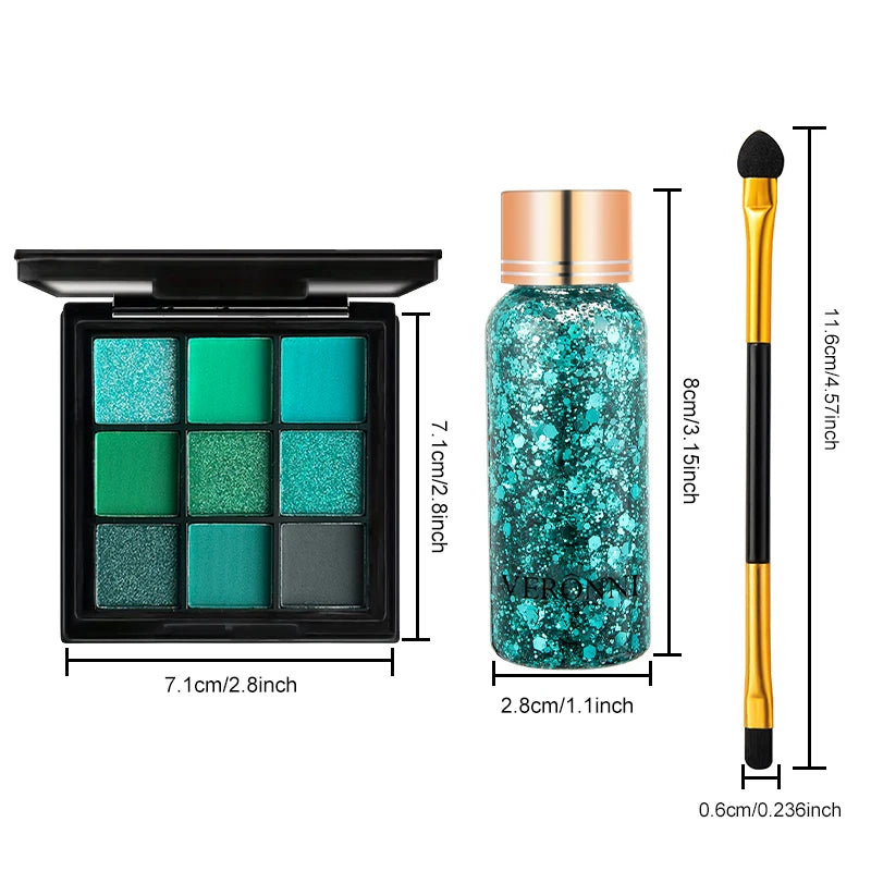 9 Colors Green Eyeshadow Palette Glitter Gel Brushes Matte Shimmer Qme