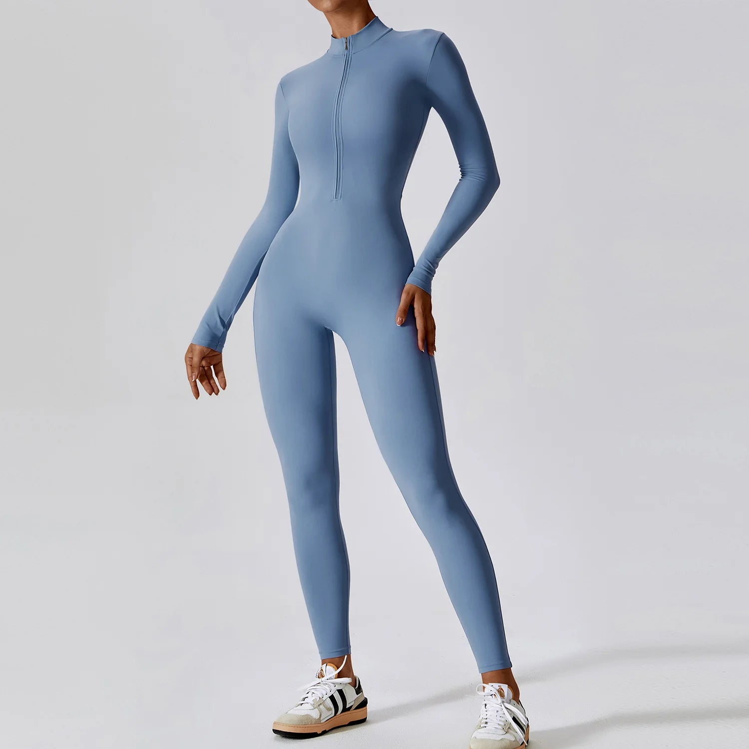 A Naked zipper short sleeved yoga suit jumpsuit, quick drying breathable outdoor sports tight fitting jumpsuit, fitness suit Qme L Smog blue