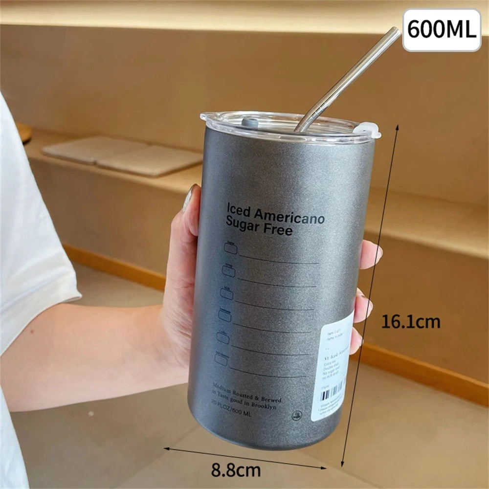 Thermos Portable Stainless Steel Coffee Cup Bottle Straw Insulation Qme Light Grey 600ml