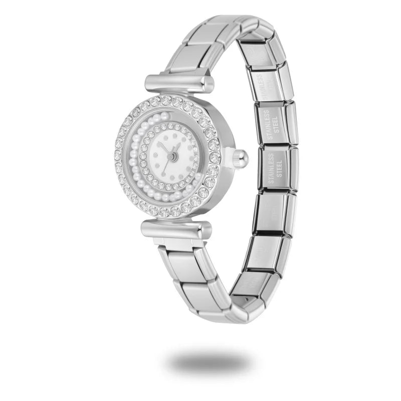 2026 Fashion Men Women's Stainless Steel Rotate Shaking Pearls Round Watch Head Bracelet Bangle for Friend Wife Birthday Jewelry Qme S 38