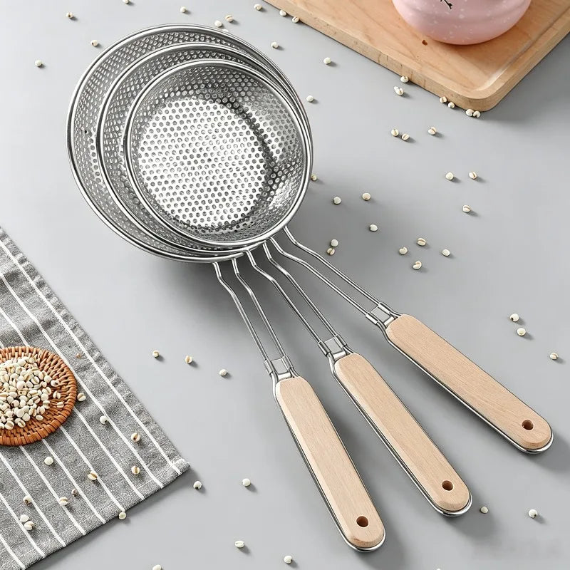 Stainless Steel Colander Fine Mesh Skimmer Spoon with Wooden Handle Used for Cooking Food Large Kitchen Frying Filter Qme