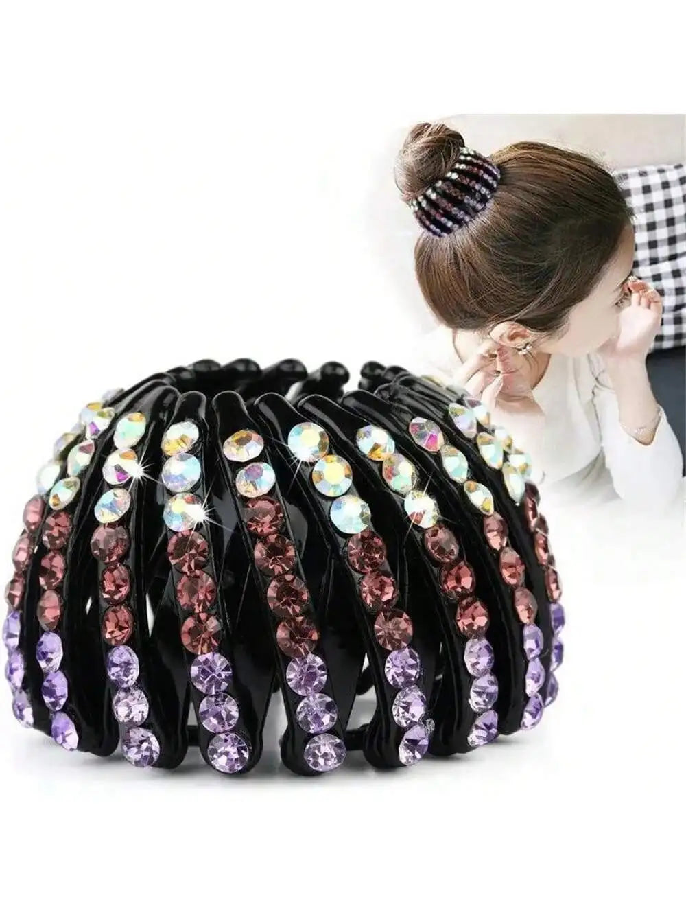 Tie Up Ponytail Bird's Nest Hair Loop Rhinestone Grabbing Clip Qme purple