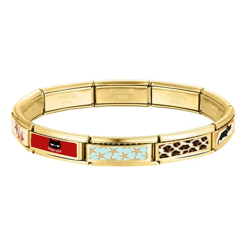 New Vintage Golden Charm Leopard Pattern Star Cat Starfish Shell Italian Charm Links Fit 9MM Stainless Steel Bracelet DIY Making Qme
