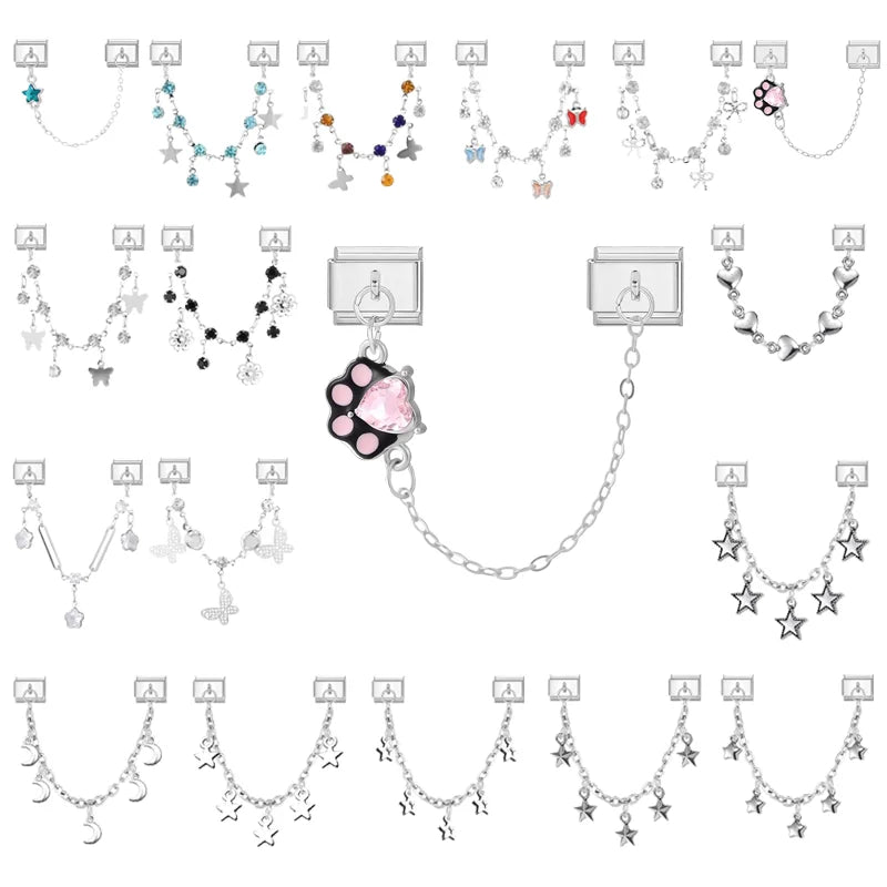 New Fashion Shiny Cute Cat Paw Zircon Stars Tassel Chain Italian Charm Links Fit 9mm Bracelet Stainless Steel Jewelry Diy Making Qme