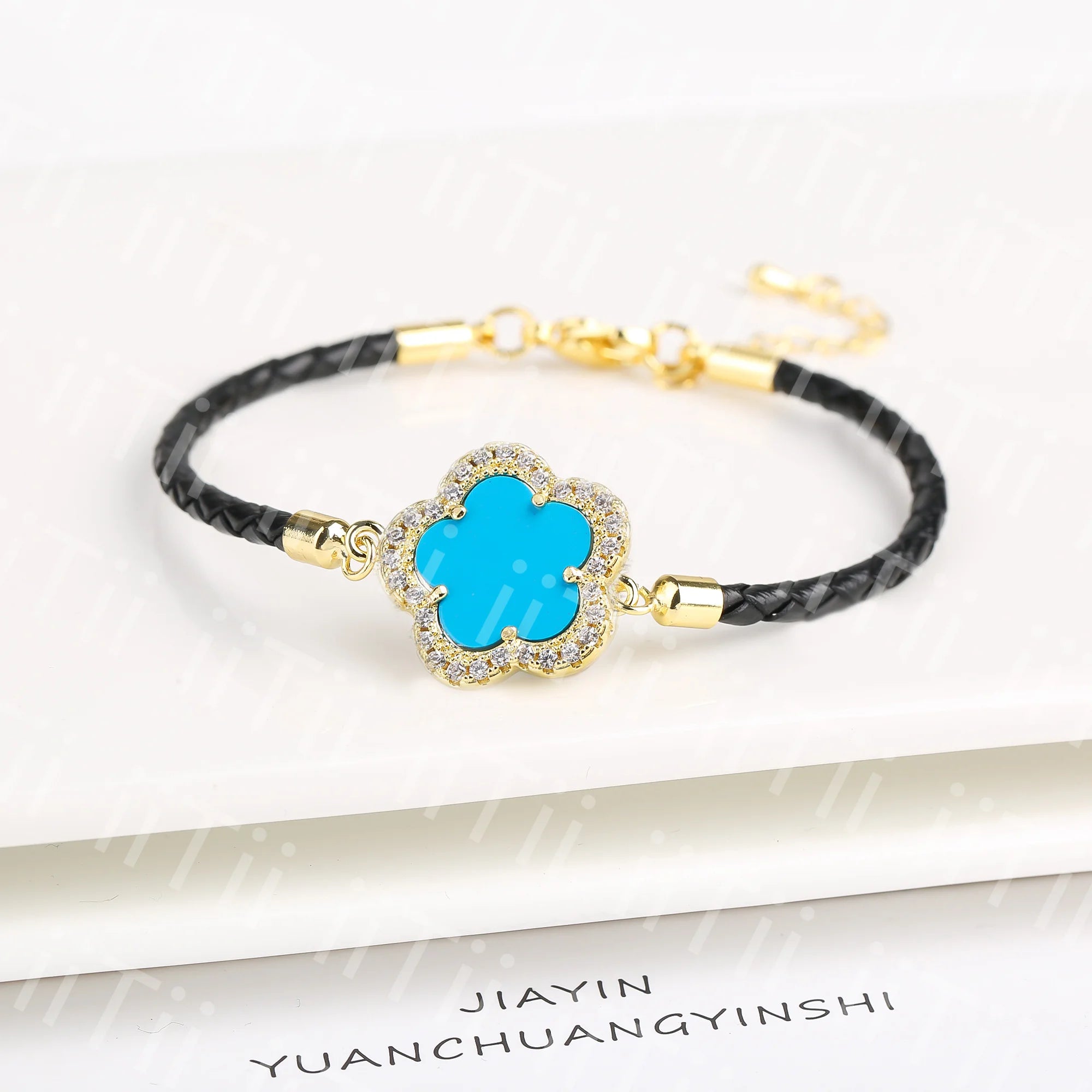 2024 Classic Shiny Zirconia Stone Five Leaf Flower Leather Braided