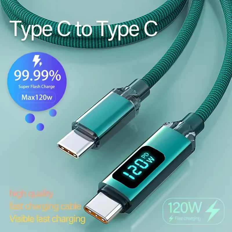 120W Digital Display USB Type C Fast Charging Wire Nylon Braided Dual USB-C Data Cable PD Quick Charge for IPhone 16 Pro Samsung Qme