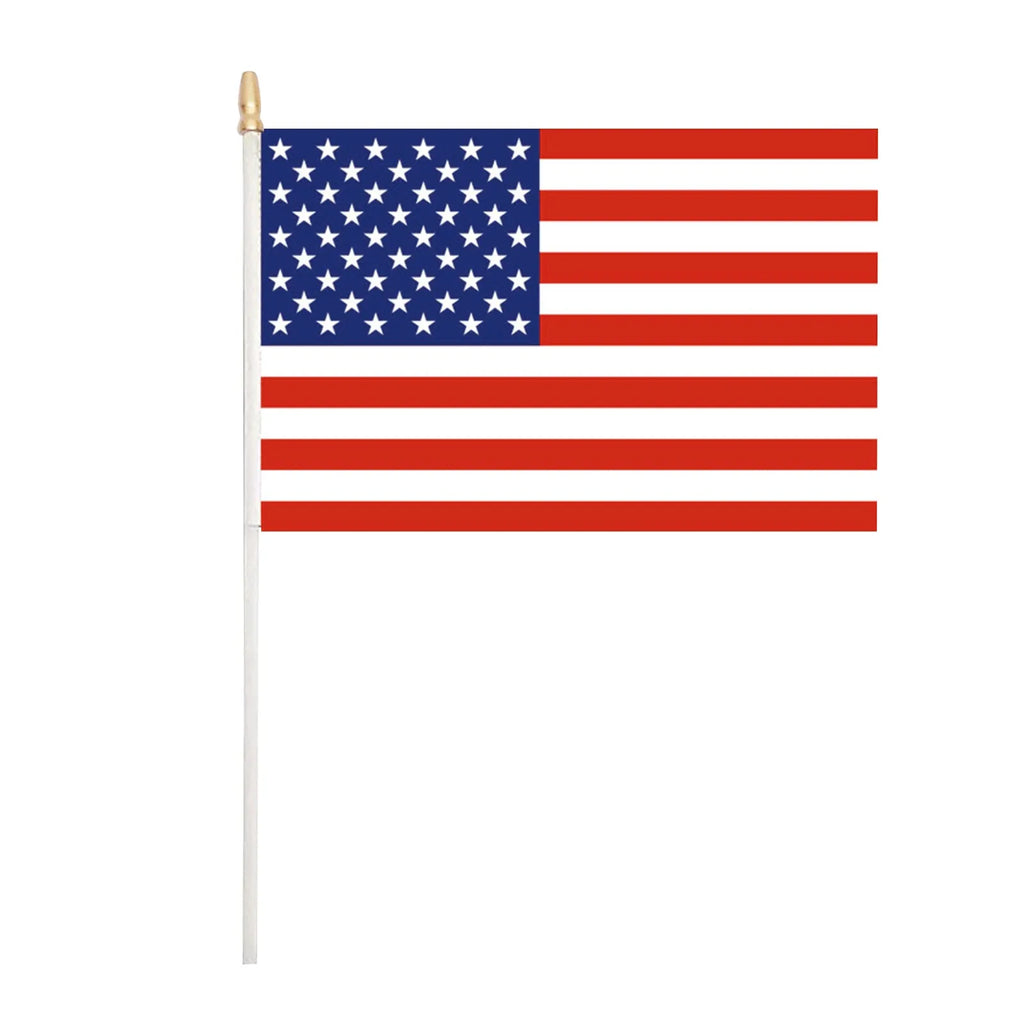 Polyester American Flag with Gold Tip Pointed Plastic Pole Small US Hand Flag for Patriotic Parades and Celebrations Qme