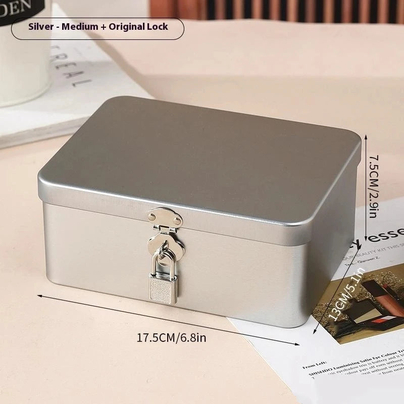 Silver Lockable Tin Storage Box Multifunctional Desktop Metal Jewelry Qme A4