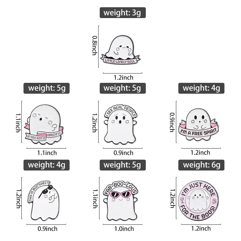 Cartoon Sunglasses Ghost Boo Enamel Pins I'm a Free Spirit This is Boo Sheet Brooches Lapel Badge Spooky Jewelry Gifts Wholesale Qme