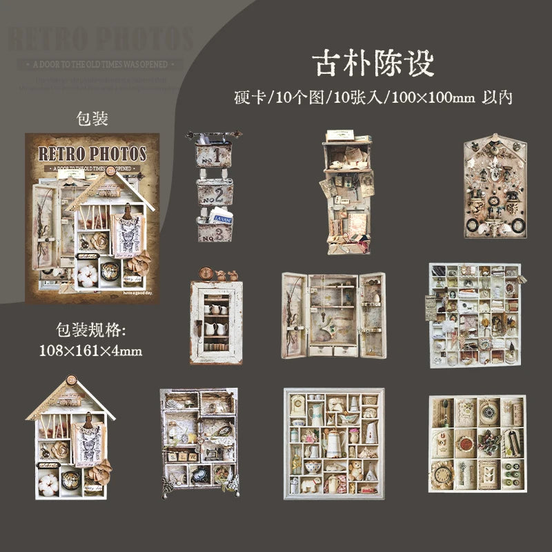 10Sheets/Pack Vintage Cabinet Theme Cardstock Stickers for DIY Crafts, Scrapbooking, Journal, Phone Case, Laptop, Guitar Decorat Qme 1