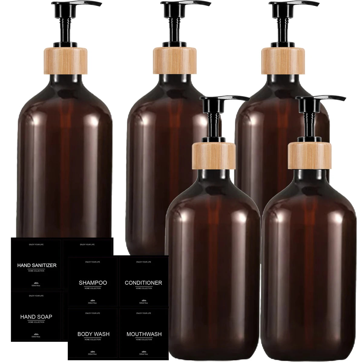 Refillable Amber Plastic Soap Dispenser with Bamboo Pumps Shatterproof Bottles for Shampoo Conditioner Body Wash Hand & Dish Qme 5PCS-A