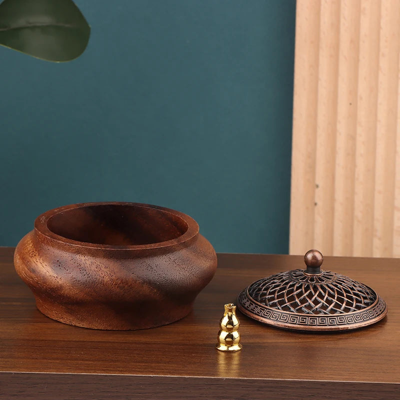 Walnut Retro Solid Wood Round Incense Burner High-end Atmospheric Qme