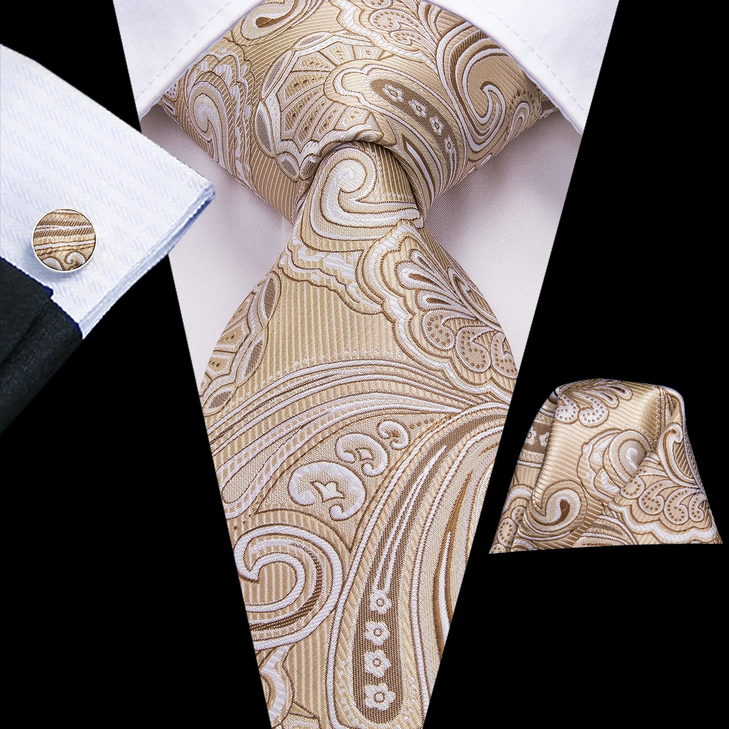 Hi-tie Floral Champagne Ivory Mens Elegant Necktie Handkerchief