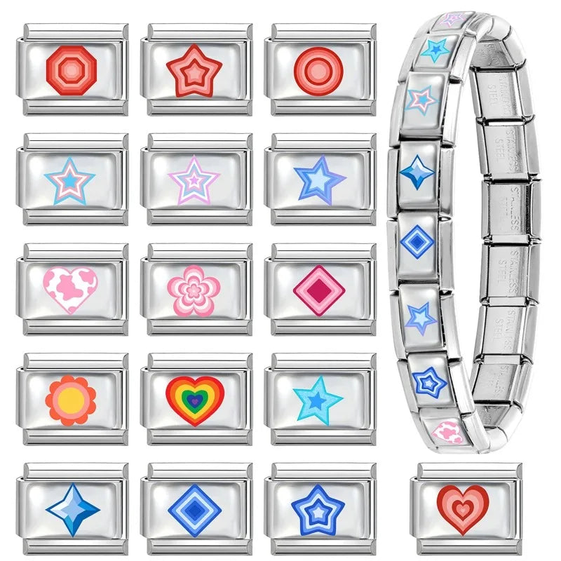 New 2026 Y2K Rainbow Heart Earth Blue Series Pattern Italian Charm Links Fit 9mm Stainless Steel Bracelet Jewelry DIY Making Qme