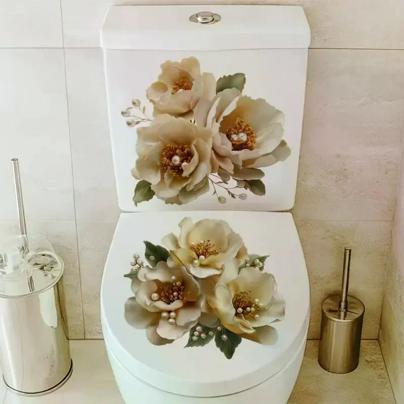 Luxury Gold Pearl Floral Toilet Sticker Waterproof Self-adhesive Qme