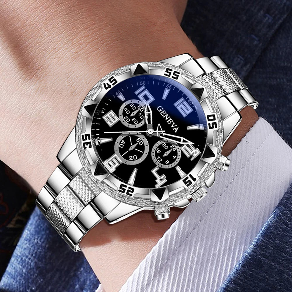 3PC Geneva black dial three eyed men's steel strap watch full diamond Cuban bracelet necklace three piece set Qme