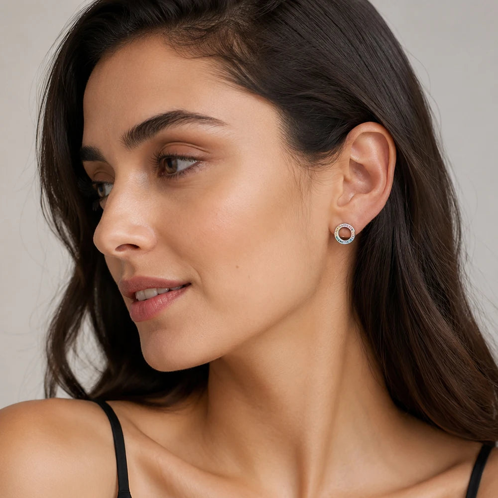 Colorful Round Circle Stud Earrings Europe Style Fine Jewerly For Women Brand New Bohemia Gift In Real 925 Sterling Silver Qme