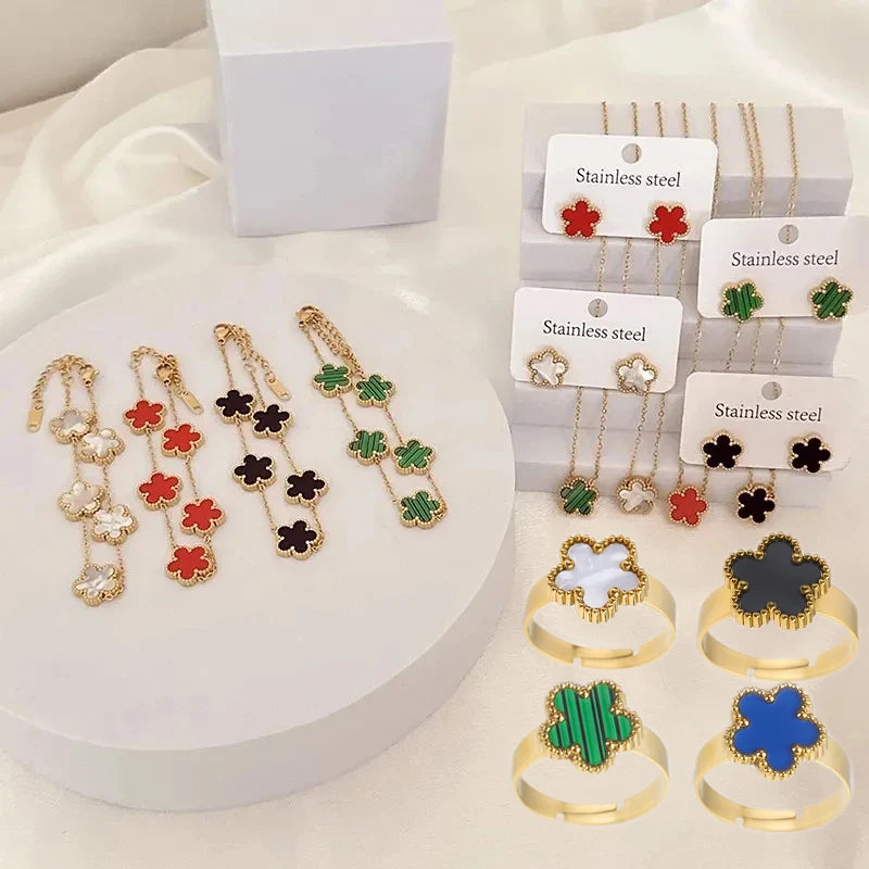 4Pcs 18k Gold-Plated Five-Leaf Flower Necklace Earrings Ring Bracelet Jewelry Set For Woman Party Jewelry Daily Wear Clover Gift Qme