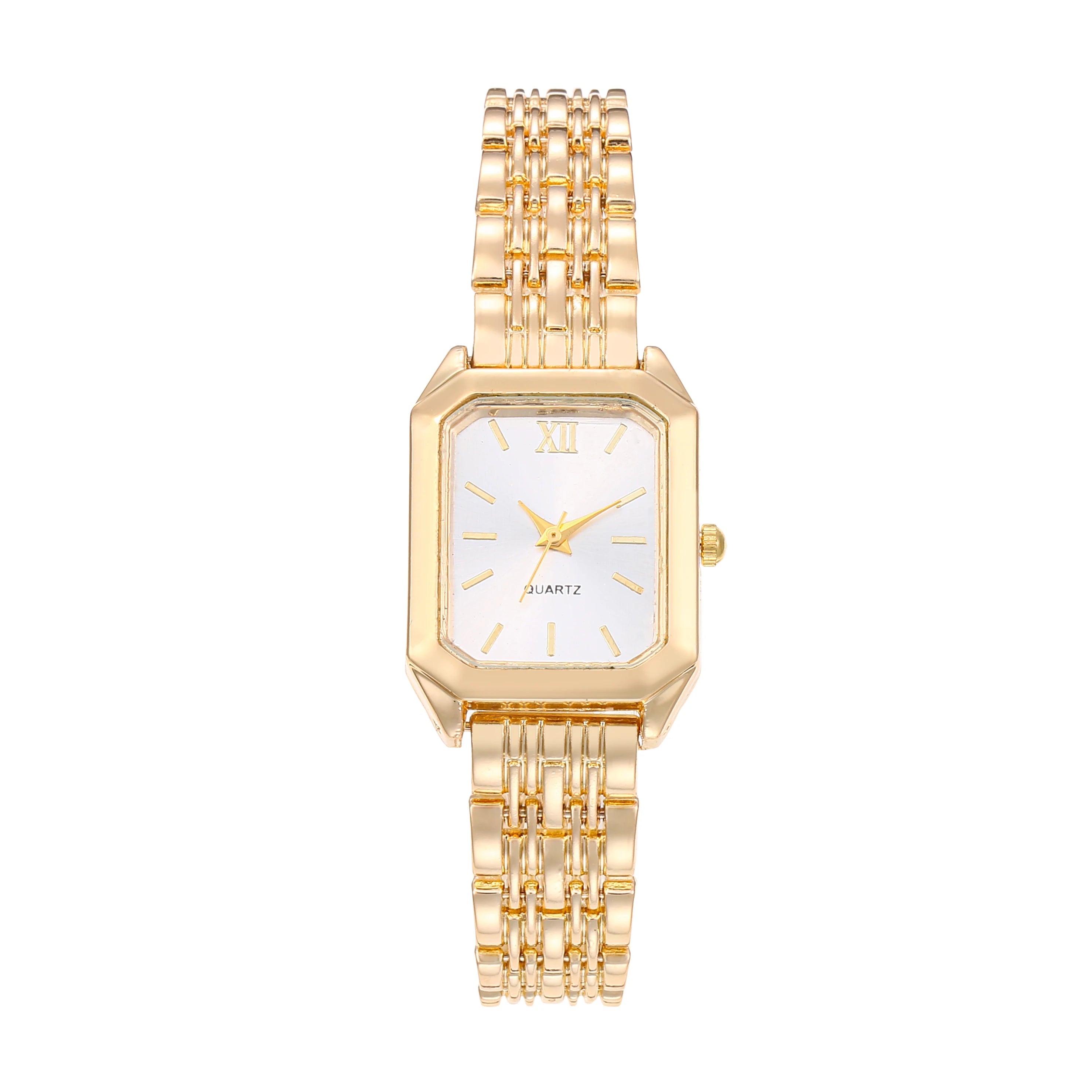 Trendy Gold Heart 4-in-1 Jewelry Set – Rectangle Quartz Wrist Watch + Heart Earrings Necklace Bracelet Women Daily Jewelry Gift Qme