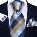 Designer Wedding Tie Men Blue White Plaid Handky Cufflink Red Gray Qme LDSN3947