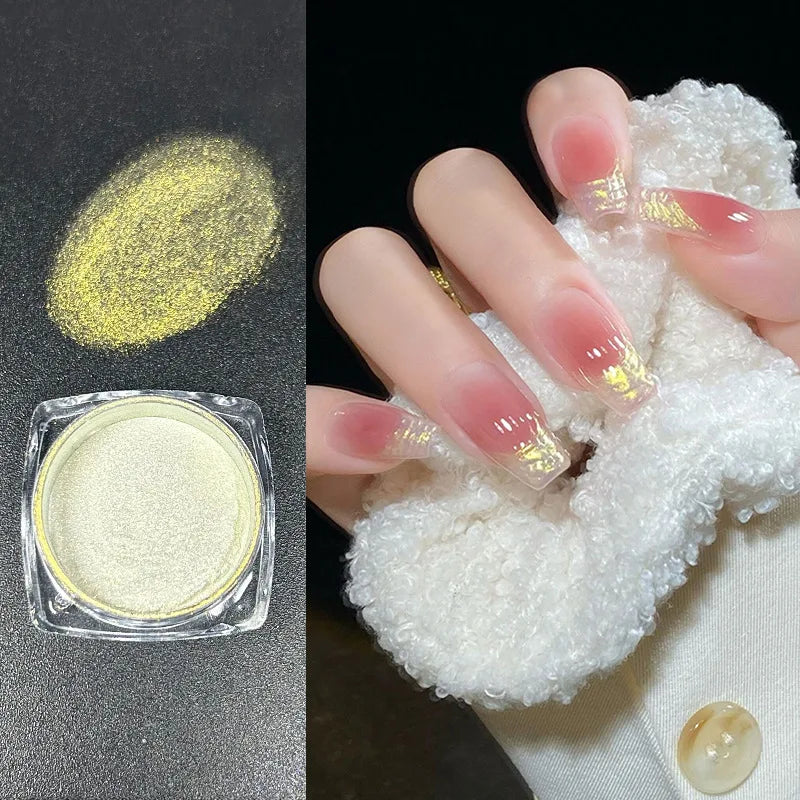 Icy Aurora Glitter Powder, Fairy Nail Glitter with Polarizing Shine, Transparent Holographic Mirror Glitter for Nail Art, 1g Qme Aurora Gold