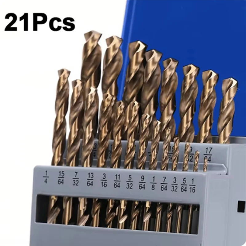 A02F-Cobalt Drill Bits Set M35 High Speed Steel Twist Jobber Length For Hardened Metal, Stainless Steel, Cast Iron Qme As Shown 21Pcs