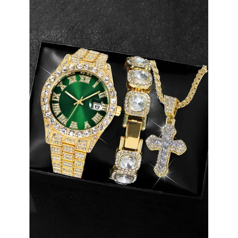 Men's Full Diamond Two-tone Watch and Jewelry Combo Set, Iced Out Green Stone Bracelet + Cross Pendant + Watch, Perfect Gift Qme green