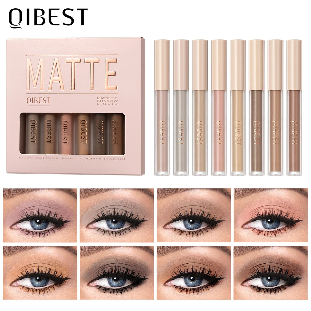 QIBEST 8 Colors Matte Liquid Eyeshadow Set Waterproof Long Lasting Eye Shadow Nude Brown Eye Pigment Makeup For Women Contouring Qme Set A