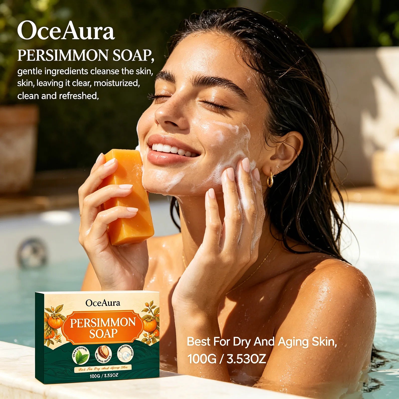 OceAura Persimmon Soap Nonenal Body Odor Removal Improve Dryness Clean Skin Exfoliator Refreshing Organic Natural Body Soap Bar Qme