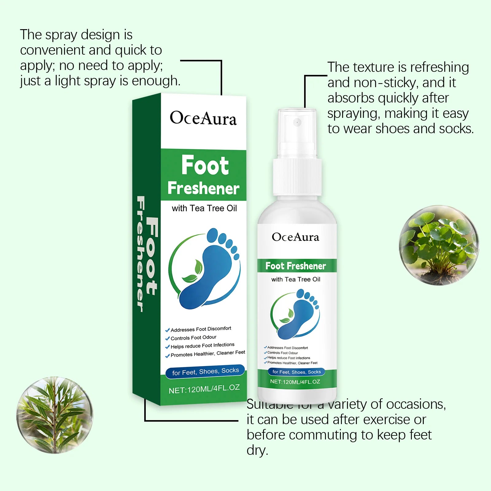 OceAura Foot Freshener Spray with Tea Tree Oil Deodorizing Sweat Absorbing Odor Eliminating Moisturizing Refreshing Foot Spray Qme