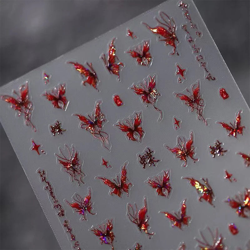 Red Butterfly Nail Stickers Flash Design Decals Self Adhesive Qme