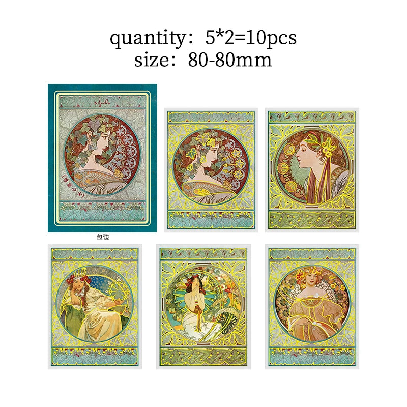 10 pcs/lot Mucha theme Stickers Diy Decorative Scrapbooking Diary Stick Labels Album hand made Collage material Qme C