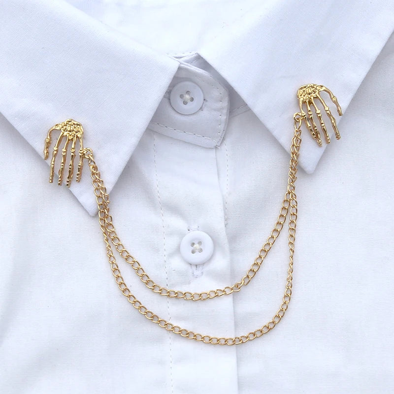 New Brooches Punk Skull Shirt Collar Pins Retro Fashion Men and Women Steampunk Charm Palm Universal Retro Chain Brooch Qme Gold-color
