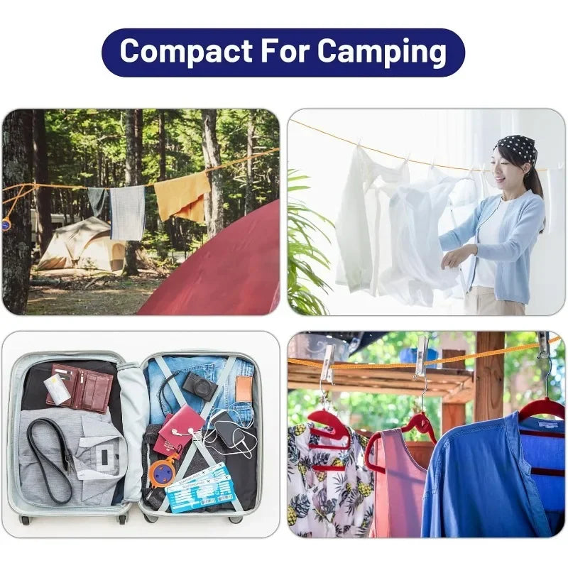 33ft Portable Travel Clothesline Adjustable Clips Hotel Camping Qme