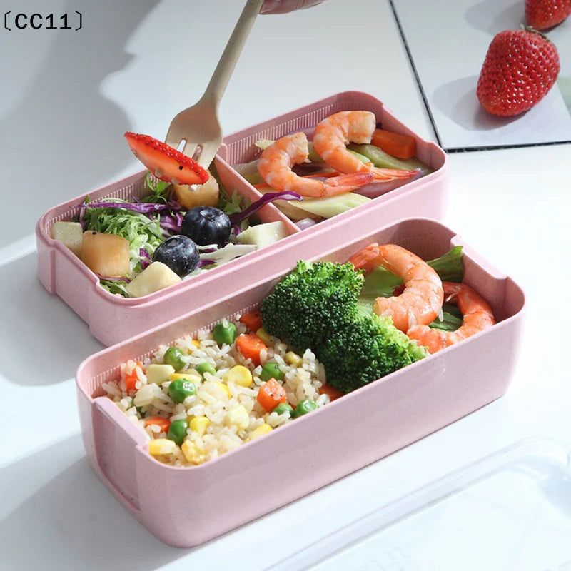 Double-layer Wheat Straw Lunch Box Fork Spoon Microwave Safe Portable Qme