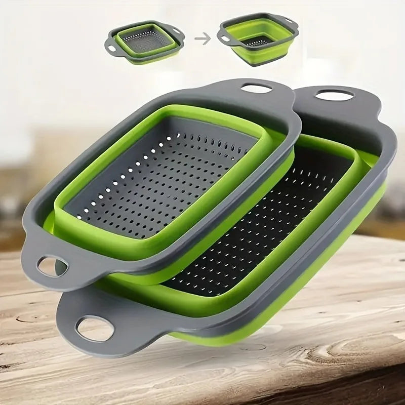 2 sets of silicone strainer kits, foldable kitchen filter, multi-functional plastic drain, with handle, food-safe vegetable Qme green