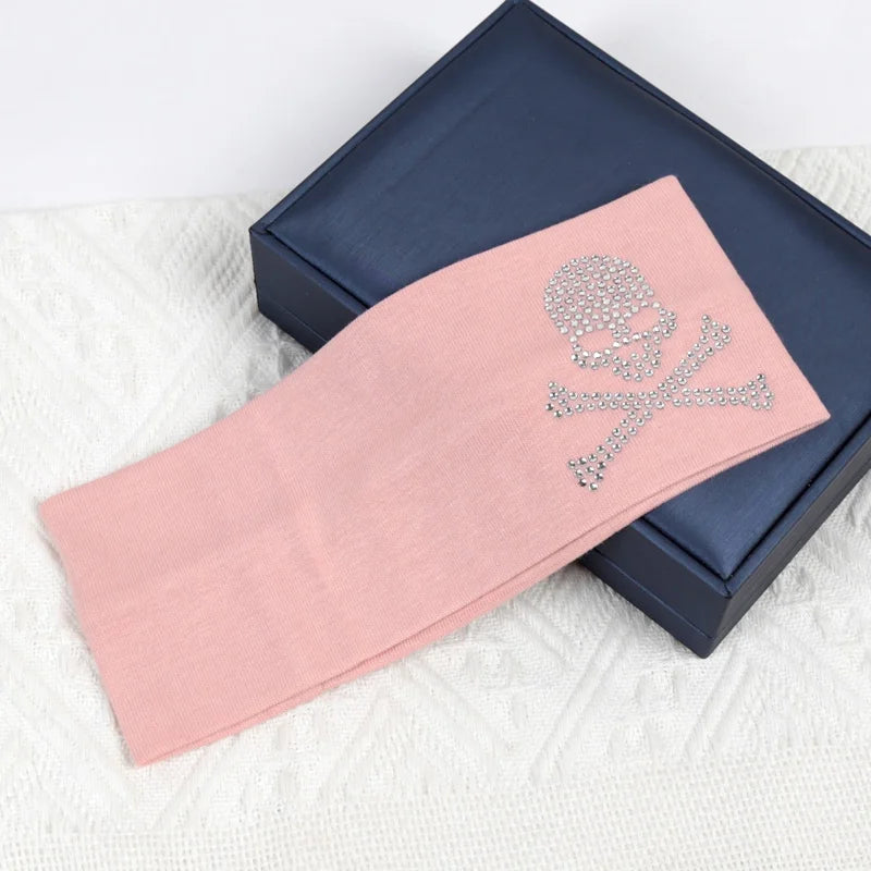 Women's Fashion Plain Headbands SKull Design Rhinestones Elastic Qme Pink
