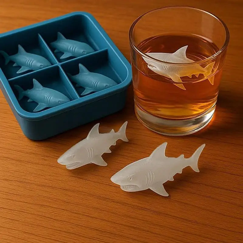 Silicone Ice Cube Tray Whiskey Party Drinks Shark Mold Blue 4-Cavity Qme