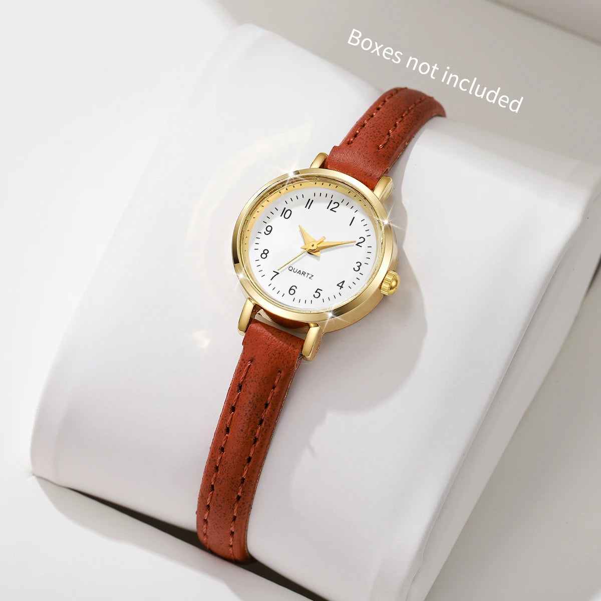 Delicate Retro Roman Numeral Small Round Gold Watch with Soft Leather Band for Daily Wear Qme Arabic Brown No Box