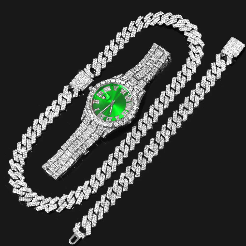 Fashion Rhinestone Wrist Watch & Hip Hop 14MM Prong Cuban Chain & Rapper Cuban Necklaces Set, Punk Party Gift Qme Rose No